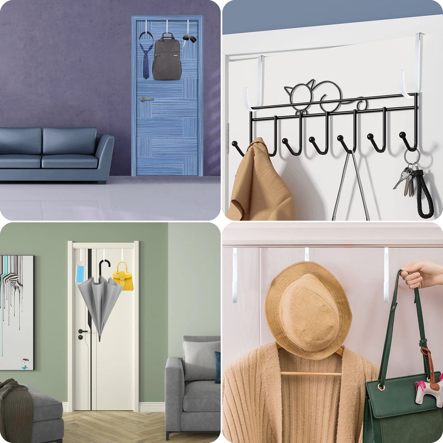 Manesi Double Sided Over The Door Hooks for Clothes. Over The Door Hanger Hook Set of Four. Towel Hanger for Bathroom, Wreath Hook, Coat Rack Hat Organizer or Plant Hooks for Ceiling 4 Pack