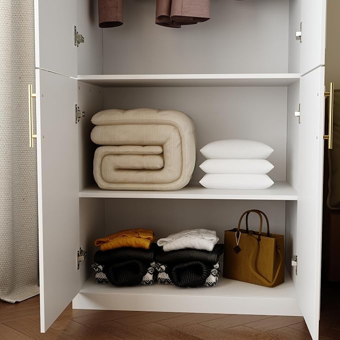 FUFU&GAGA Wardrobe Closet with 4 Doors, Modern White Bedroom Armoire with Gold Handles, Modern Clothes Storage Cabinet with Shelves & Hanging Rod for Cloakroom, 31.7”W x 19.3”D x 74.8”H