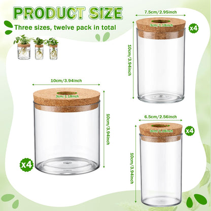 Acellegic 12 Pack Plant Propagation Station with Hole Lid Plant Propagation Jars Plants Plastic Propagations Stations Planter Vase Hydroponic Vases for Home Desktop Office Decoration, 3 Sizes