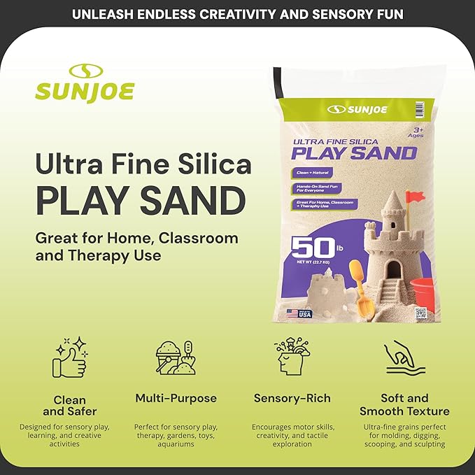 Sun Joe Silica Play Sand for Sandbox, Sensory Table & Garden Spaces, Ultra Fine, 50 Lb Bag - Indoor and Outdoor Natural Craft Accessory for Molding, Digging, Sculpting and Gardening, PLYSAND50