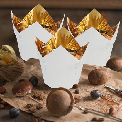 uxcell 50 Pcs Tulip Baking Cups Cupcake Muffins Liners Aluminum Foil Paper Greaseproof Wrappers for Weddings Birthday Party Festivals Christmas, Gold/White, Gold/Black