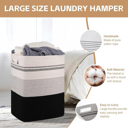 80L Large Cotton Rope Laundry Basket for Bedroom & Laundry Room, Tall Clothes Hamper with Sturdy Handles, Neutral Storage Bin Capable of Holding Blankets and Toys