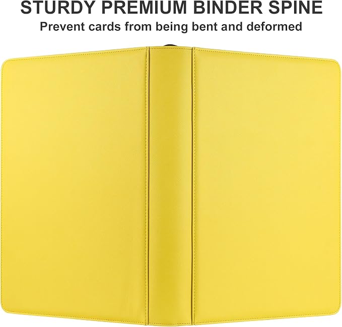 GEAoffice 16 Pocket Trading Card Binder for 1000+ Cards, Ringless Side-Loading 4x4 Card Binder with Zipper Closure, PU Leather 1024 Card Binder for MTG/TCG/Baseball/Sports&Game Cards, Yellow