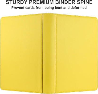 GEAoffice 16 Pocket Trading Card Binder for 1000+ Cards, Ringless Side-Loading 4x4 Card Binder with Zipper Closure, PU Leather 1024 Card Binder for MTG/TCG/Baseball/Sports&Game Cards, Yellow