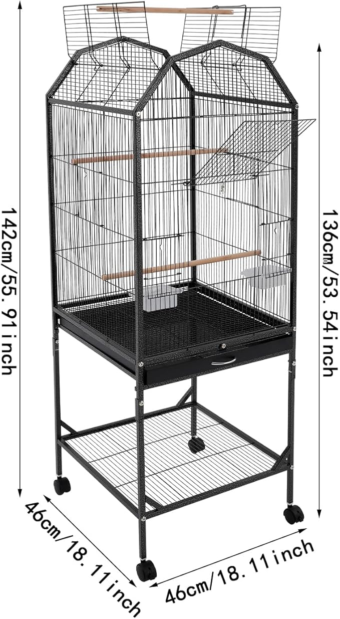 53.5 Inch Iron Bird Cage, Large Parakeet Cages with Play Open Top and Rolling Stand, Bird House with Detachable Stand and Pull-Out Tray for Cockatiels, Parrots, Lovebirds, Canaries (Black, Style B)