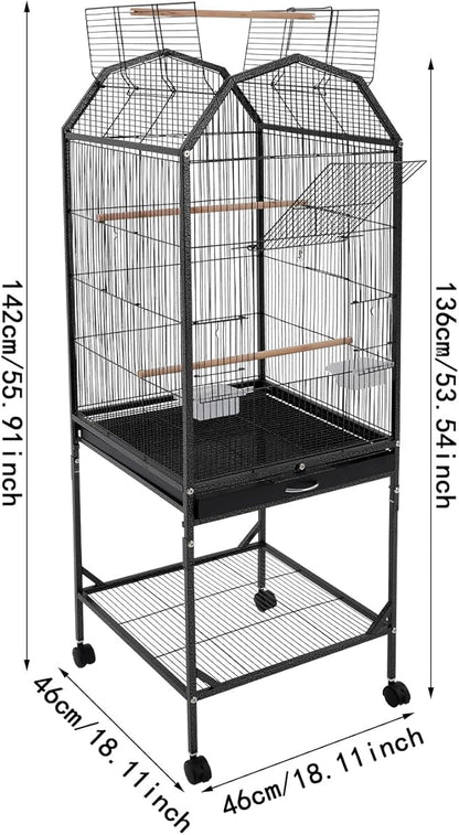 53.5 Inch Iron Bird Cage, Large Parakeet Cages with Play Open Top and Rolling Stand, Bird House with Detachable Stand and Pull-Out Tray for Cockatiels, Parrots, Lovebirds, Canaries (Black, Style B)
