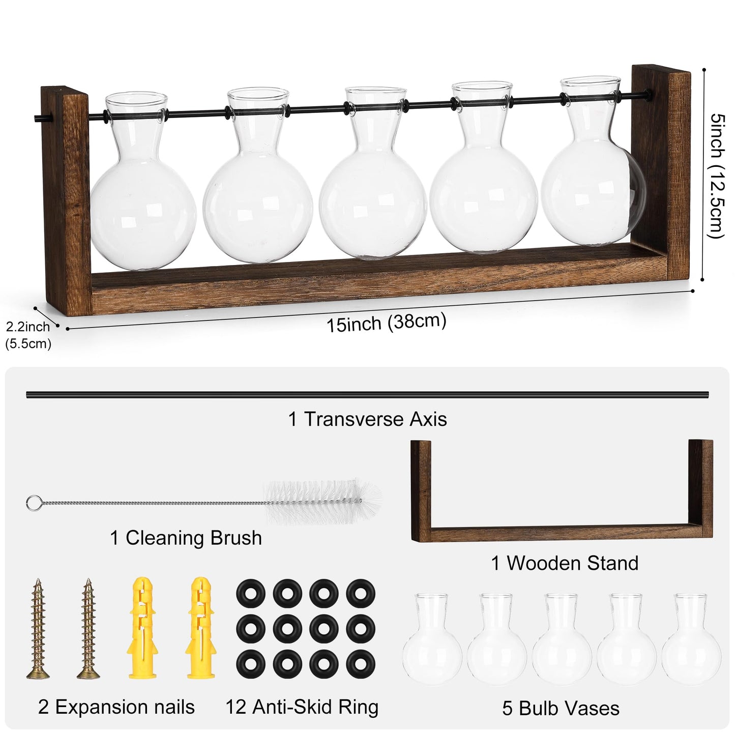 YIBOT Wall Hanging Glass Planter Plant Propagation Vase for Indoor Home Office Living Room Decor Gifts, Plant Terrarium with Wooden Stand-5 Bulb Glass Vases