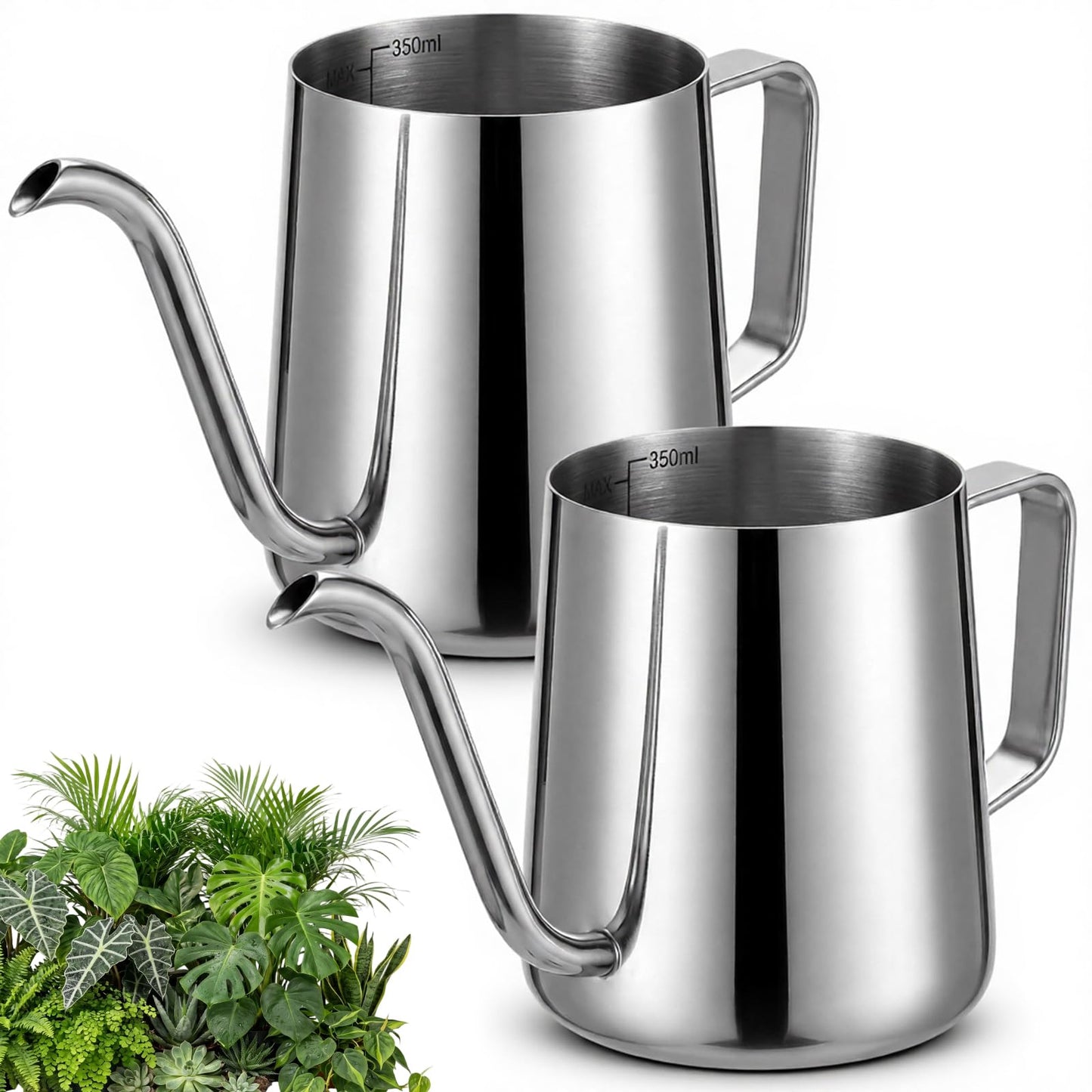 Teecyhooo 2 Pcs Small Watering Can for Indoor Plants, 12 Oz/350 ml Mini Plant Watering Pot with Long Spout and Scale 304 Stainless Steel Tiny Watering-can for Outdoor Indoor Plants Garden(Sliver)