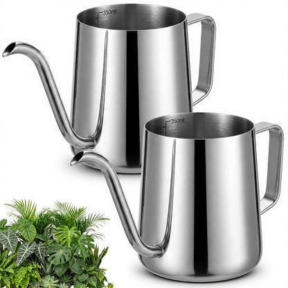 Teecyhooo 2 Pcs Small Watering Can for Indoor Plants, 12 Oz/350 ml Mini Plant Watering Pot with Long Spout and Scale 304 Stainless Steel Tiny Watering-can for Outdoor Indoor Plants Garden(Sliver)