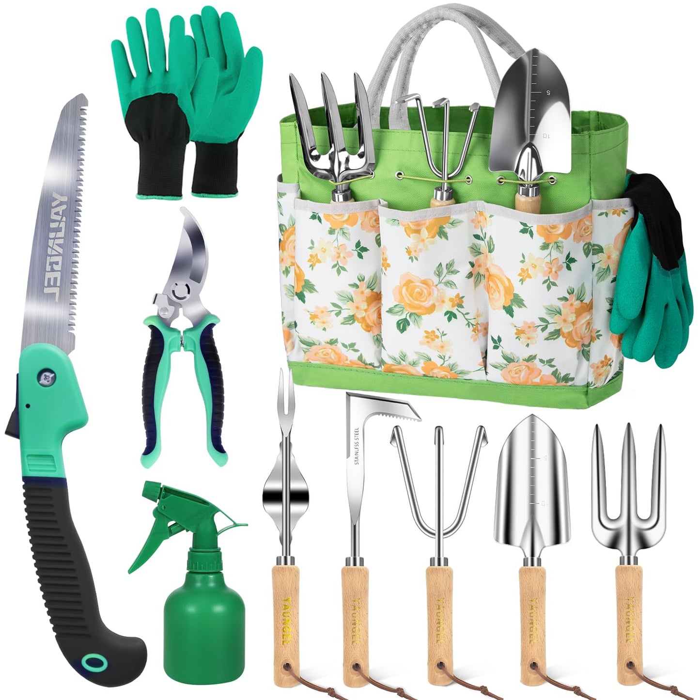 Gardening Tools - 10 Piece Heavy Duty Gardening Hand Tools Stainless Steel Garden Tools with Wooden Handle, Storage Garden Bag, Gardening Gifts for Women and Men
