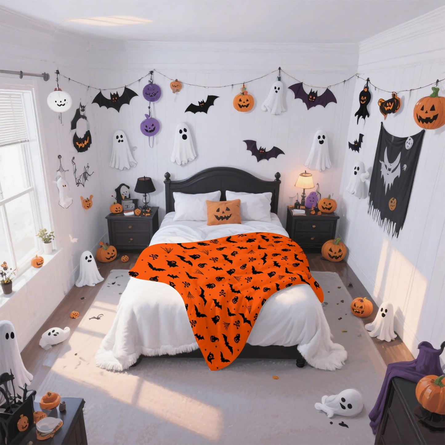 Halloween Throw Blanket Ultra Soft Skull Ghost Bat Flannel Blanket, Cozy Warm Lightweight Gift for Adults Kids, Machine Washable Couch Bed Blankets 60x50in