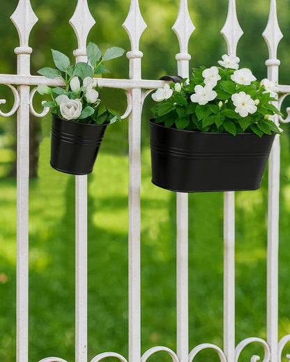 vensovo 6 Pcs Metal Railing Planters Set, 10.8" Oval & 5" Round Hanging Flower Pots with Detachable Hooks, Black Fence Planter Baskets for Outdoor Plants, Herbs & Succulents, Garden Decor
