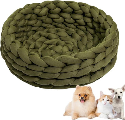 Woven Dog Bed Basket, Knitted Cotton Cat Bed Round Washable Woven Cat Pet Bed Chunky Dog Basket, Orthopedic, Chunky Knit Dog Nest,Dog Bed,Dog Cave,Dog Bedding(Green,17")