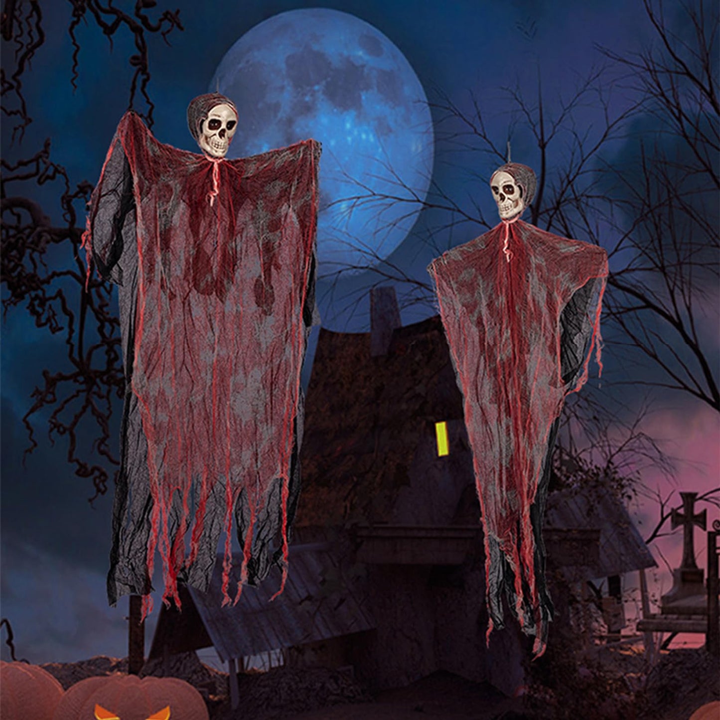 43" Halloween Hanging Ghost Decorations Outdoor with Spider Web&20 Spiders, Halloween Scary Flying Skeleton Ghost Decor for Haunted House Party Outside Indoor