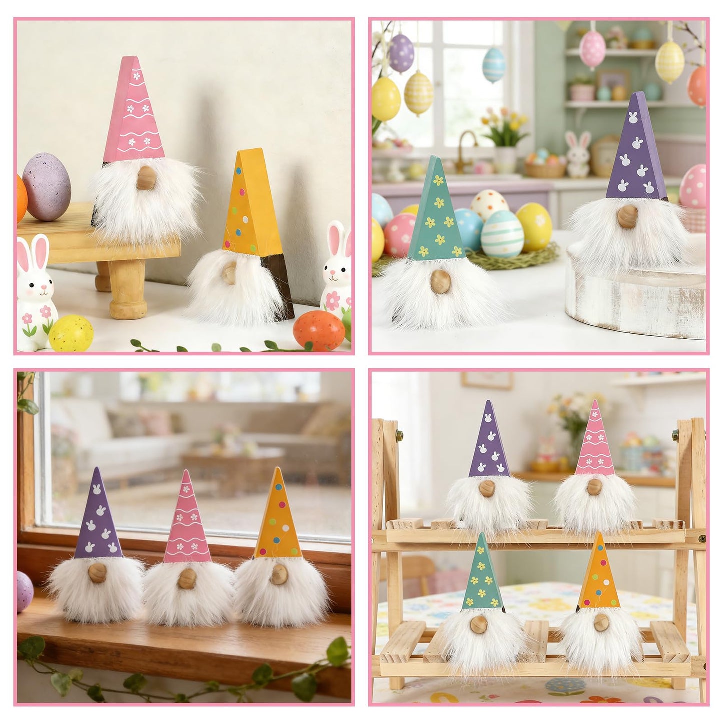 DAZONGE Easter Decorations, Easter Gnome Decor, 4PCS Wooden Spring Gnomes with Faux Fur Beards, Cute Gnome Figurines for Tiered Tray Mantel Shelf Table