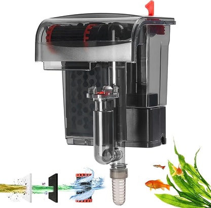 Small Fish Tank Filter, Hang On Back Aquarium Filter, Quiet Adjustable Flow Expandable Hose for 10-25 Gal, 3-Stage Filtration System with Surface Skimmer for Circulation and Aeration, 93GPH 5W