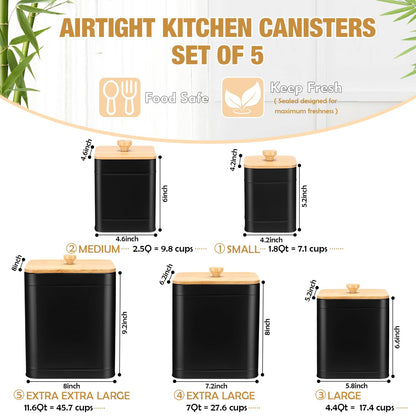 Buryeah 5 Pcs Kitchen Canisters for Countertop with Labels Airtight Metal Containers Coffee Tea Sugar Flour Jars with Spoon Farmhouse Big Food Storage Set for Kitchen(Black)