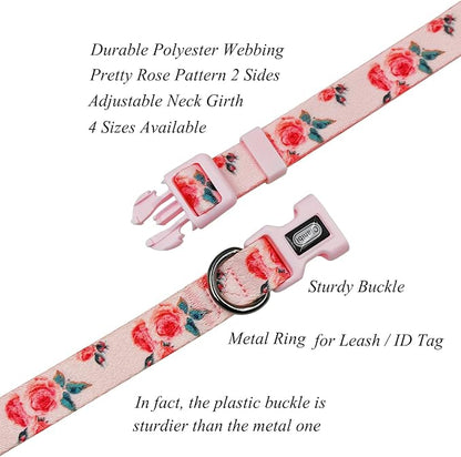 Dog Collar and Leash Set, Cute Rose Pattern, Polyester Material, 5ft Leash, for Large Dogs.(Large,Pink Rose)