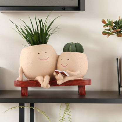 Meltset Cute Face Planter Pot - Funny Double Head Planter Sitting on Bench, Smiley Succulent Pot with Drainage Indoor and Outdoor, Unique Gift for Plant Lovers(Light Brown)