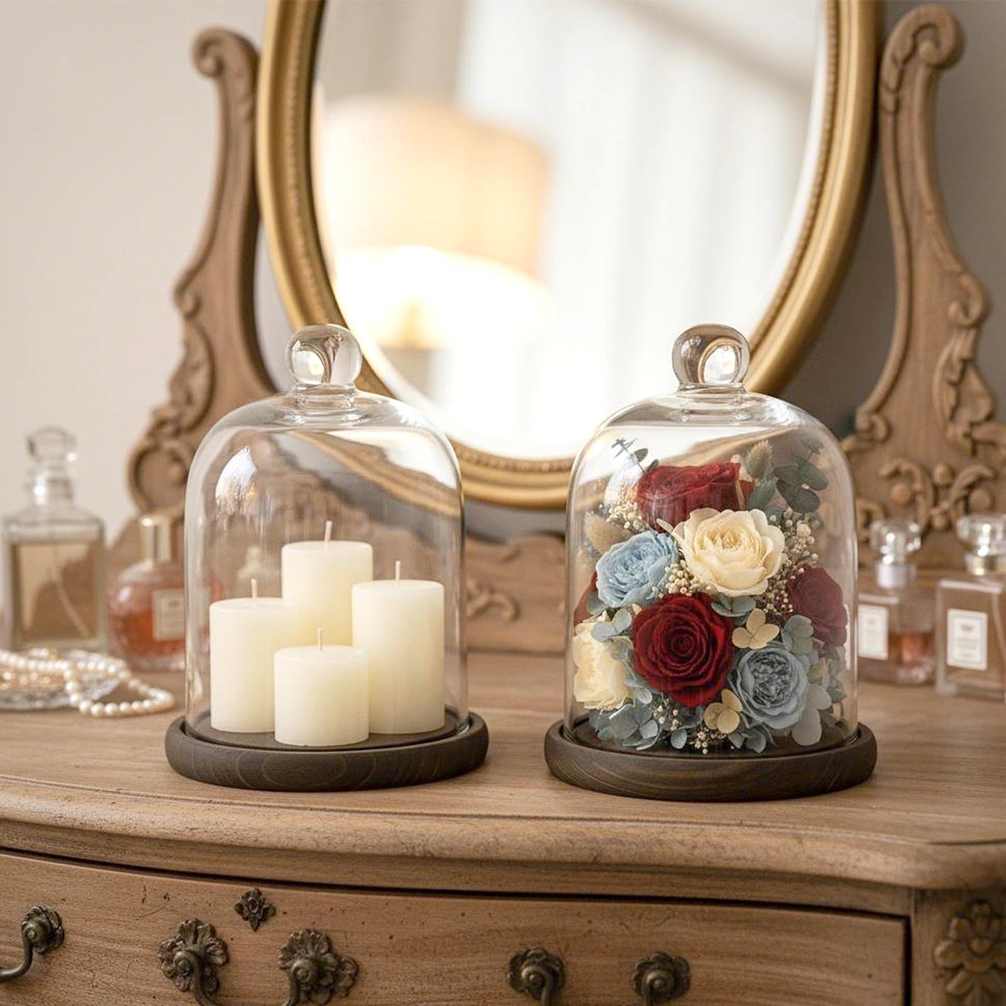 MyGift Clear Cloche Glass Dome, Display Bell Jar with Top Handle and Rustic Brown Solid Wood Base, Set of 2