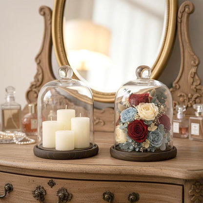 MyGift Clear Cloche Glass Dome, Display Bell Jar with Top Handle and Rustic Brown Solid Wood Base, Set of 2