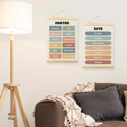 TLESKE Months of the Year Days of the Week Chart Poster Hanger Frame for Toddler Kid Classroom Set of 2, Homeschool Hanging Wall Art for Nursery Playroom, Preschool Learning Educational Poster, 12x16