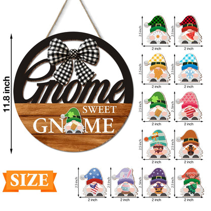 Interchangeable Seasonal Gnome Sweet Gnome Hanging Sign - Farmhouse Front Door Decoration for Spring All Seasons Holidays - Rustic Round Wood Wreaths with 12 Icons(Orange)