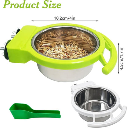 BNOSDM 2 PCS Bird Feeding Dish Cups with Perch Stand Hanging Stainless Steel Bird Bowls Food Container Food and Water Bowls with Spoon for Budgie Cockatoo Finch Lovebirds Pigeons (Green&White)