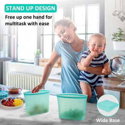 Reusable Food Bags, 12 Pack 100% Silicone Food Storage Bags Stand Up Zip Lock Container, Freezer Microwave Oven Dishwasher Safe, 4 Medium 4 Small 4 Extra Small, Aqua