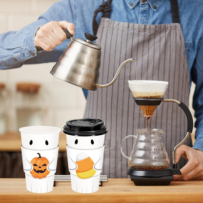 Whaline 60 Set Halloween Disposable Coffee Cups with Lids and Bat Candy Cone Pumpkin Sleeves 16 Oz Ghost Paper To Go Cups for Trick or Treat Party Supplies
