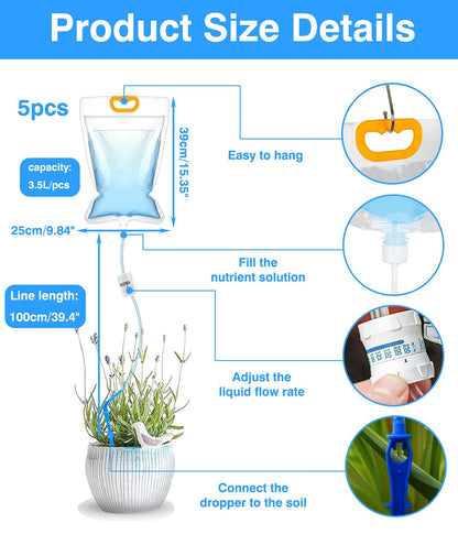 5 x 3.5 L Drip Irrigation Bags with Adjustable Flow Automatic Plant Irrigation System Home Sprinkler Device for Indoor and Outdoor (ZWDSB-1-1-5)
