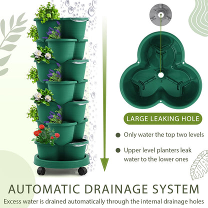 Umigy 2 Set Dark Green 7 Tier Stackable Vertical Planters with Removable Wheels and Tools Tower Planters Strawberry Herb Flower Vegetable Pots Indoor Outdoor Gardening Pots