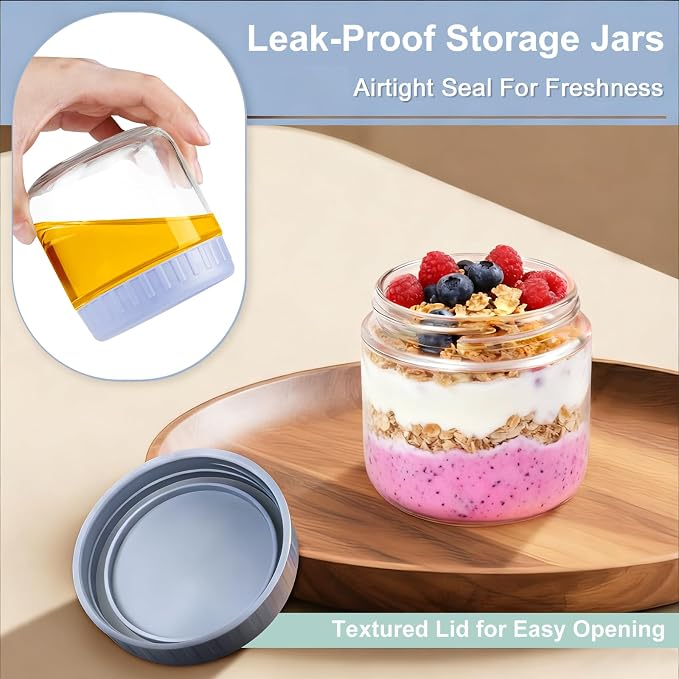 Overnight Oats Containers with Lids, 10oz Wide Mouth Mason Jars with Lids, 3 Pack Glass Jars with Airtight lid for Chia Pudding Yogurt Salad, Meal Prer Oatmeal Jars