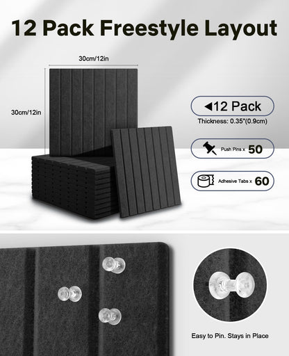 48" x 36" Large Cork Bulletin Board Tiles, Peel and Stick Felt Wall Panels for Vision, Message Center, Picture and Prayer Board for Office, Dorm, Room and Desk Decor(Black)