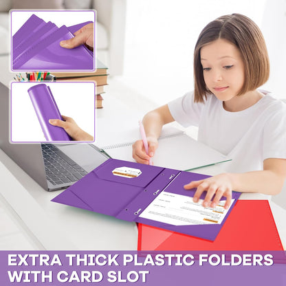 Henoyso 36 Pcs Plastic Folder with Clear Front Pocket and 3 Prong Plastic Folders with Card Slot Pocket Folders with Prongs for School Office (Multicolor)