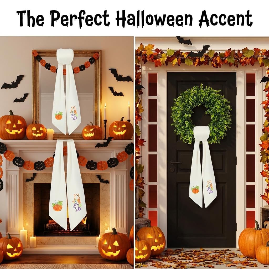Fall & Halloween Wreath Sash for Front Door (59" Long) - Embroidered Ghost & Pumpkin Design for Boxwood Wreaths - 2-in-1 Autumn Ribbon Decor, Heavy Drape & Washable (1 Set)