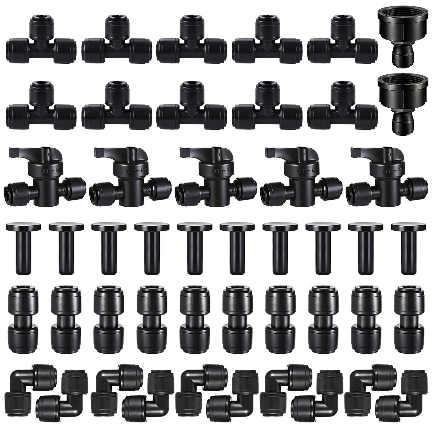 47 Pack Quick Connect 1/4" Drip Irrigation Fittings Kit, 1/4'' Drip Irrigation Tubing Push-to-Fit Connectors Parts- 5 Shut Off Valve, 10 Tees, 10 Couplings, 10 Elbows,10 End Plugs, 2 Faucet Adapters