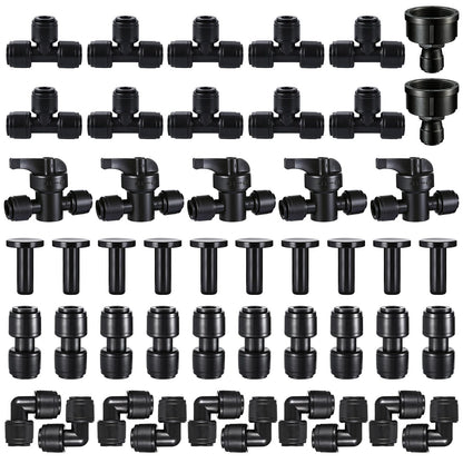 47 Pack Quick Connect 1/4" Drip Irrigation Fittings Kit, 1/4'' Drip Irrigation Tubing Push-to-Fit Connectors Parts- 5 Shut Off Valve, 10 Tees, 10 Couplings, 10 Elbows,10 End Plugs, 2 Faucet Adapters