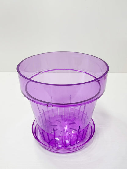 RISEON 3 Pack Clear Acrylic Plastic Orchid Pots with Holes and Saucers,Thick Acrylic Planter Pot, Orchid Dendrobium Oncidium Cattleya Repotting Pot Indoor Outdoor (Violet)