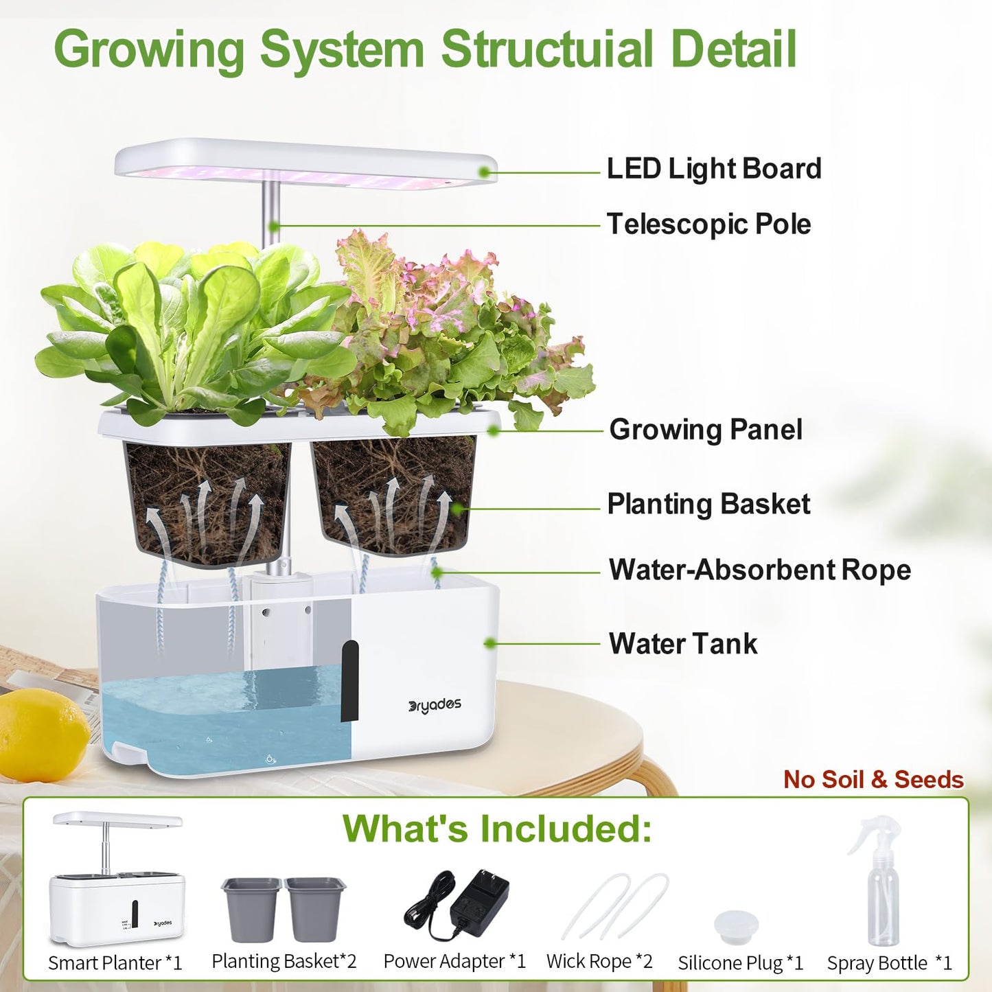 DRYADES Indoor Garden System 19 Watt LED Growing Light Upgrade 2 Self-Watering Soil-Cultivated Growing Pots Gardening Gifts for Mom Plant Pot for Vegetables Herbs Tomato(No Seeds&Soil)