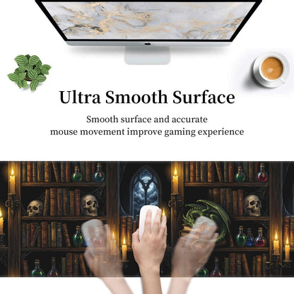 Wizard Library Large Gaming Mouse Pad 31.5 x 11.8 in Gothic Dragon & Magic Potions Desk Mat - Extended Non-Slip Rubber Base with Stitched Edges for Office & Home