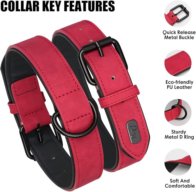 Didog Soft Padded PU Leather Dog Collar, Breathable and Adjustable Red Dog Collars for Small Dogs, Comfortable for Daily Walk, Red, M Fit Neck 11-14"(10-20 lbs)