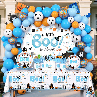 AIBIIN Halloween Baby Shower Decorations for Boys, A Little Boo is Almost Due Blue Balloons Garland Arch Kit with Backdrop Tableware Set for Newborn Party Decor Supplies