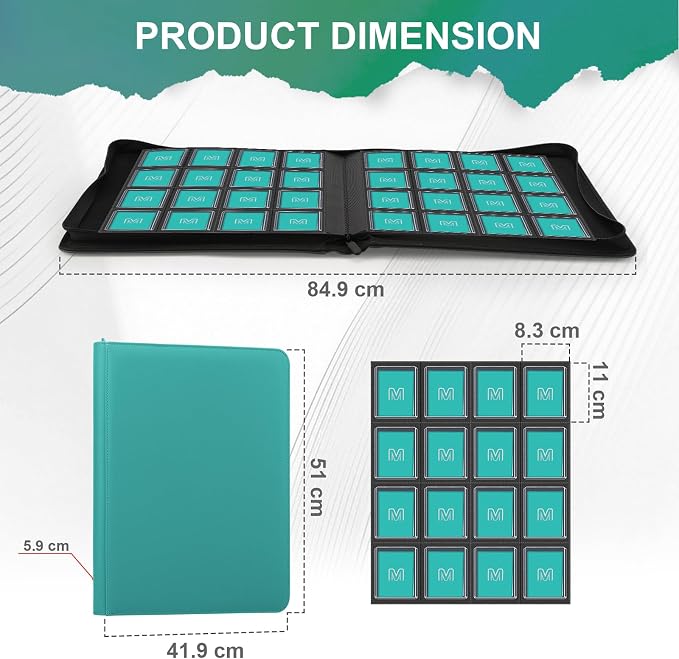 16 Pocket Toploader Binder,Holds 640 Top Loaders,Top Loader Binder for 3" x 4"Rigid Cards,Sleeves Card Collection Binder,20 Double Sided Pages,Compatible with Trading & Sports Holder (16Cyan)