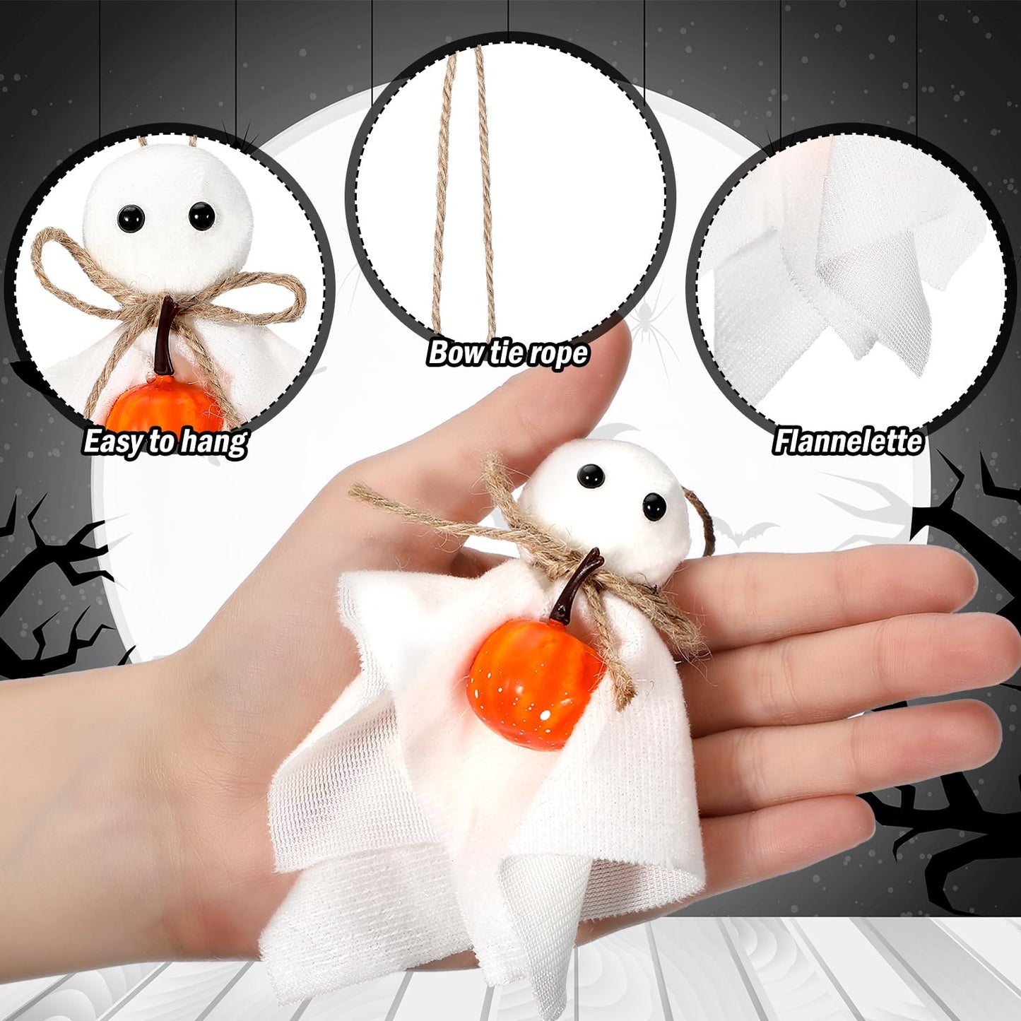 Civaner 24 Pcs Halloween Hanging Ghost Ornaments Mini Ghost Ornaments for Halloween Tree 3 Inch Cute Hanging Farmhouse Rustic Boo with Pumpkin Decorations for Haunted Party Yard Tree Decor