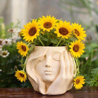 YOYLMAL Hand Holding Face Planter Pot, 5.1” Resin Women's Head Succulent Planter for Indoor Outdoor Plants, Unique Flower Pot with Drainage Hole, Gifts for Women Mom