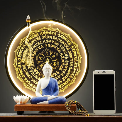 Houlu Blue Buddha Statue and Circle LED Table Lamp, Ceramic Buddha Statue for Home Décor