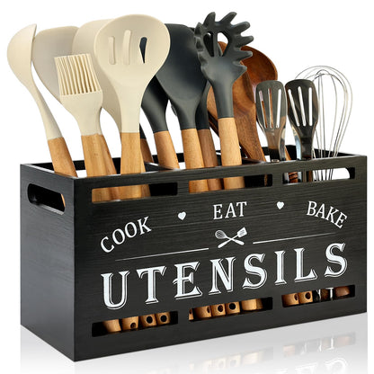 Extra Large Black Wood Utensil Holder Organizer Farmhouse Kitchen Decor Cutlery Spatula Holder Silverware Caddy Wooden Cooking Utensils Holder for Kitchen Countertop Utensil Crock Spoon Tools Holder