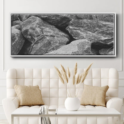 Renditions Gallery Floater Framed Home Décor Black Textured Rock Painting Canvas Hanging Decoration for Lounge Kitchen Bedroom - 20"x50" White Frame LT621