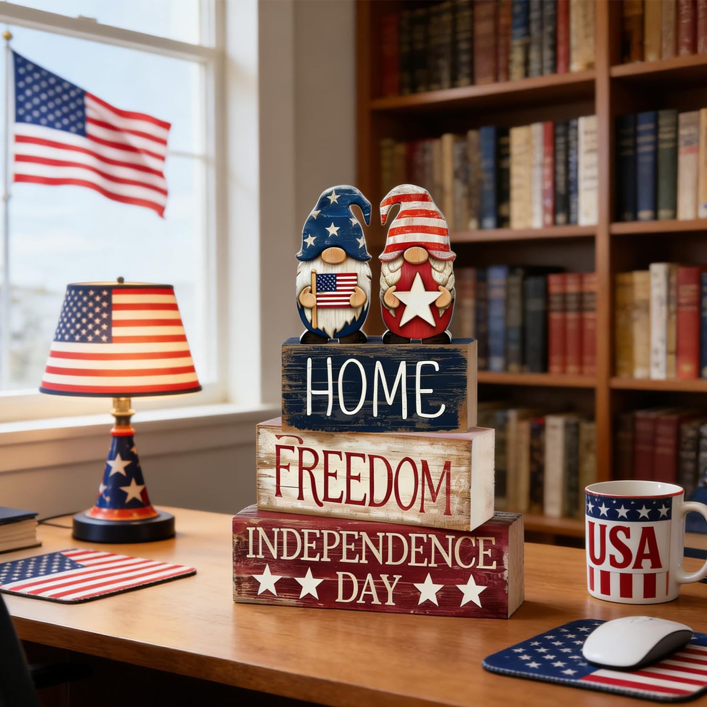 4th of July Table Decorations Patriotic Memorial Day Tiered Tray Decor Wooden Gnome Block Signs Independence Farmhouse 250th July Fouth Centerpiece for Tables Wooden Sign for Home Decor